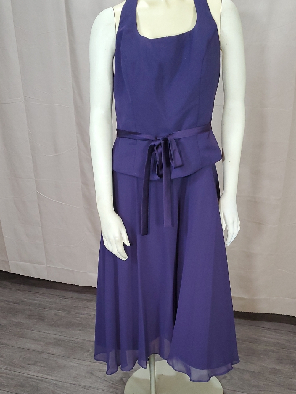 Alfred Angelo Purple Halter-Inspired Midi Dress with Waist Sash